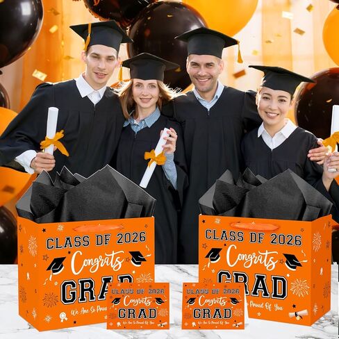 aqwithaj Large Orange and Black Graduation Gift Bag with Tissue Paper and Greeting Card Class of 2026 Congrats Grad Gift Wrapping Paper Bag for College High School Graduates in Saudi Arabia