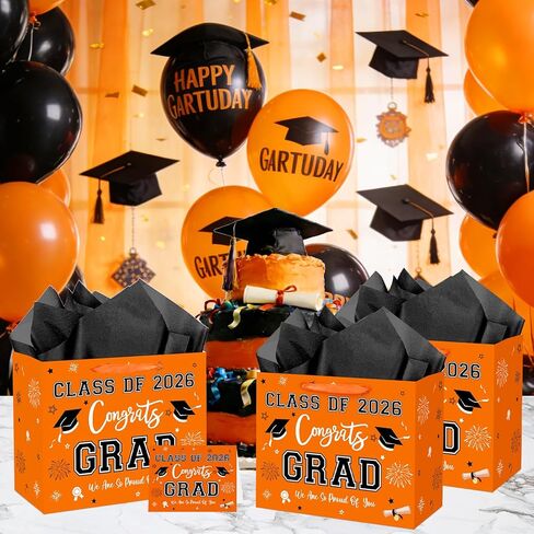 aqwithaj Large Orange and Black Graduation Gift Bag with Tissue Paper and Greeting Card Class of 2026 Congrats Grad Gift Wrapping Paper Bag for College High School Graduates in Saudi Arabia