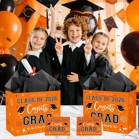aqwithaj Large Orange and Black Graduation Gift Bag with Tissue Paper and Greeting Card Class of 2026 Congrats Grad Gift Wrapping Paper Bag for College High School Graduates in Saudi Arabia