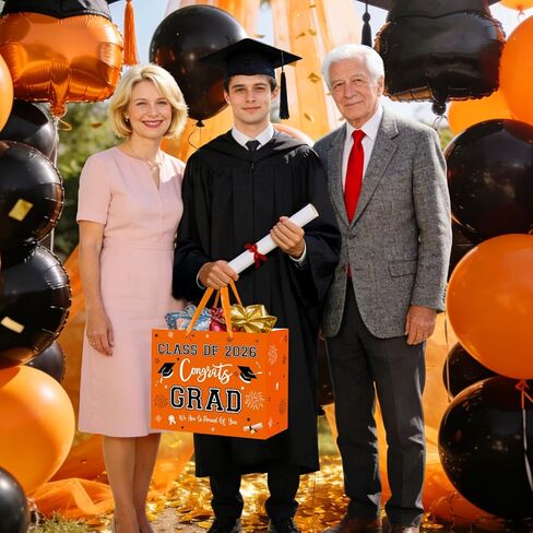 aqwithaj Large Orange and Black Graduation Gift Bag with Tissue Paper and Greeting Card Class of 2026 Congrats Grad Gift Wrapping Paper Bag for College High School Graduates in Saudi Arabia