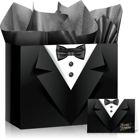 TagreSpike Happy Birthday Gift Bags for Men, Black Tuxedo Print Birthday Gift Bag with Tissue Paper Card Groomsmen Wrapping Paper Bag for Men Him Father Husband Wedding Bachelor Bday Party Favors in Kuwait
