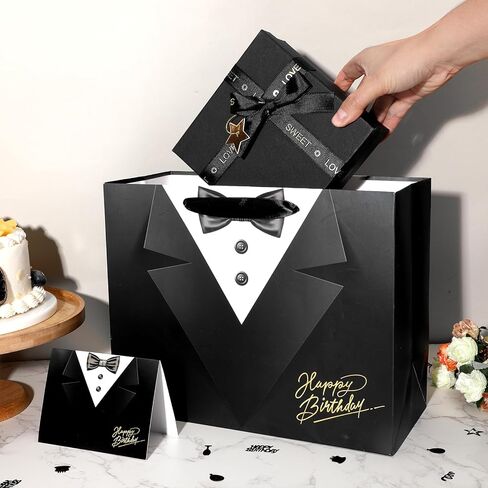TagreSpike Happy Birthday Gift Bags for Men, Black Tuxedo Print Birthday Gift Bag with Tissue Paper Card Groomsmen Wrapping Paper Bag for Men Him Father Husband Wedding Bachelor Bday Party Favors in Kuwait
