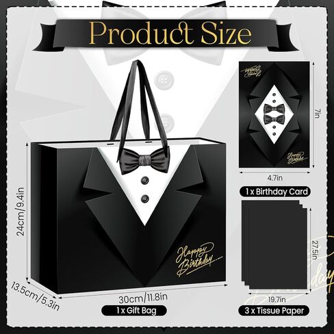 TagreSpike Happy Birthday Gift Bags for Men, Black Tuxedo Print Birthday Gift Bag with Tissue Paper Card Groomsmen Wrapping Paper Bag for Men Him Father Husband Wedding Bachelor Bday Party Favors in Kuwait