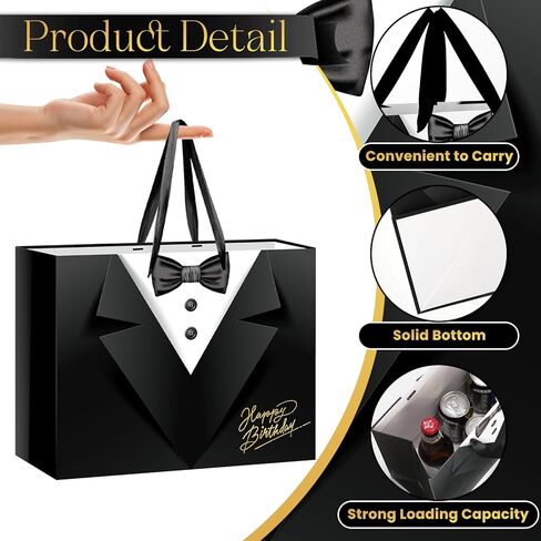 TagreSpike Happy Birthday Gift Bags for Men, Black Tuxedo Print Birthday Gift Bag with Tissue Paper Card Groomsmen Wrapping Paper Bag for Men Him Father Husband Wedding Bachelor Bday Party Favors in Kuwait