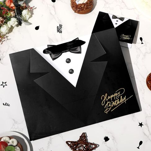 TagreSpike Happy Birthday Gift Bags for Men, Black Tuxedo Print Birthday Gift Bag with Tissue Paper Card Groomsmen Wrapping Paper Bag for Men Him Father Husband Wedding Bachelor Bday Party Favors in Kuwait