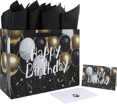 wishinside 13'' Large Balloons Birthday Gift Bag Set with Handles, Greeting Card, Black Tissue Papers and Stickers for Men Boys Kids for Men's Birthday Party, Kids' Parties, Baby Boy, 1 Pcs in Kuwait