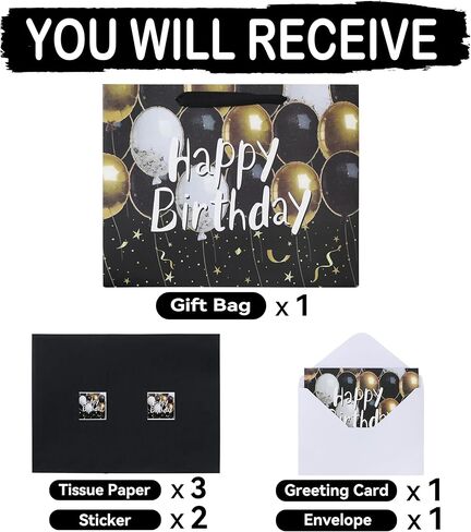 wishinside 13'' Large Balloons Birthday Gift Bag Set with Handles, Greeting Card, Black Tissue Papers and Stickers for Men Boys Kids for Men's Birthday Party, Kids' Parties, Baby Boy, 1 Pcs in Kuwait