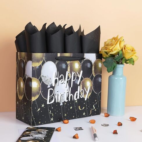 wishinside 13'' Large Balloons Birthday Gift Bag Set with Handles, Greeting Card, Black Tissue Papers and Stickers for Men Boys Kids for Men's Birthday Party, Kids' Parties, Baby Boy, 1 Pcs in Kuwait