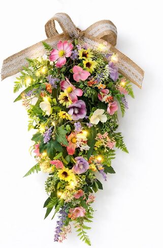 24-Inch Lighted Spring Peony Swag – Artificial Teardrop Wreath for Front Door, Porch, Wall, Window, Stair – Summer Peony Rose Decorative Swag for Home Decor in Kuwait