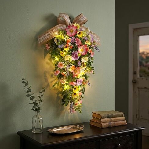 24-Inch Lighted Spring Peony Swag – Artificial Teardrop Wreath for Front Door, Porch, Wall, Window, Stair – Summer Peony Rose Decorative Swag for Home Decor in Kuwait