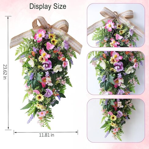 24-Inch Lighted Spring Peony Swag – Artificial Teardrop Wreath for Front Door, Porch, Wall, Window, Stair – Summer Peony Rose Decorative Swag for Home Decor in Kuwait