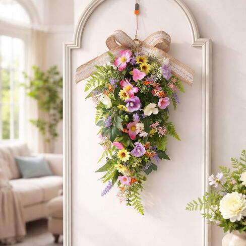24-Inch Lighted Spring Peony Swag – Artificial Teardrop Wreath for Front Door, Porch, Wall, Window, Stair – Summer Peony Rose Decorative Swag for Home Decor in Kuwait