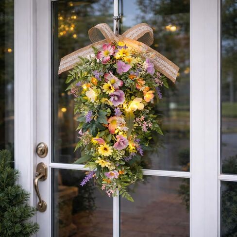 24-Inch Lighted Spring Peony Swag – Artificial Teardrop Wreath for Front Door, Porch, Wall, Window, Stair – Summer Peony Rose Decorative Swag for Home Decor in Kuwait