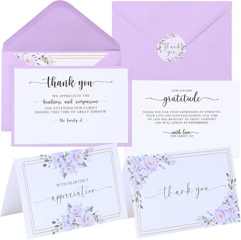Funeral Thank You Cards with Envelopes Messages Inside and Matching Stickers, 4x6 Sympathy Thank You Cards with 2 Pre-Printed Messages for Funeral, Bereavement, or Memorial Service Appreciation - 24 Pack in Kuwait