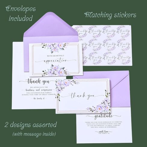 Funeral Thank You Cards with Envelopes Messages Inside and Matching Stickers, 4x6 Sympathy Thank You Cards with 2 Pre-Printed Messages for Funeral, Bereavement, or Memorial Service Appreciation - 24 Pack in Kuwait