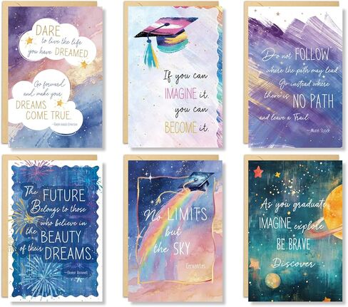 24 Pack Watercolor Graduation Dreams Inspire Cards with Envelopes and Stickers, 4 x 6 Inch Graduation Congratulations Cards Bulk, Heartfelt Graduations Card for Woman Man Graduates, 6 Assorted Designs in Saudi Arabia