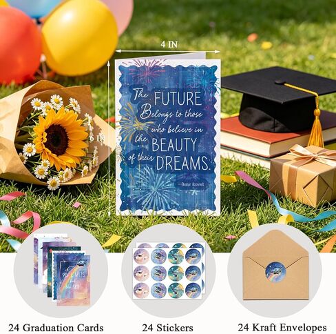24 Pack Watercolor Graduation Dreams Inspire Cards with Envelopes and Stickers, 4 x 6 Inch Graduation Congratulations Cards Bulk, Heartfelt Graduations Card for Woman Man Graduates, 6 Assorted Designs in Saudi Arabia
