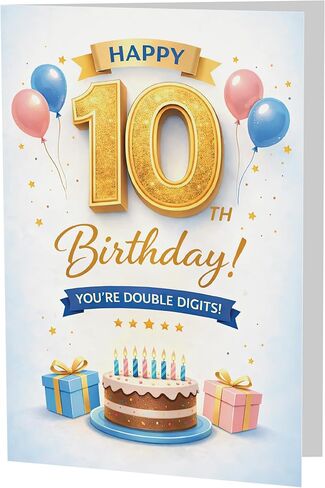 10th Birthday Card for Boys and Girls – Happy 10th Birthday Double Digits Card with Printed Verse – Fun Gold Number Design A5 Greeting Card – Premium UK Made in Saudi Arabia