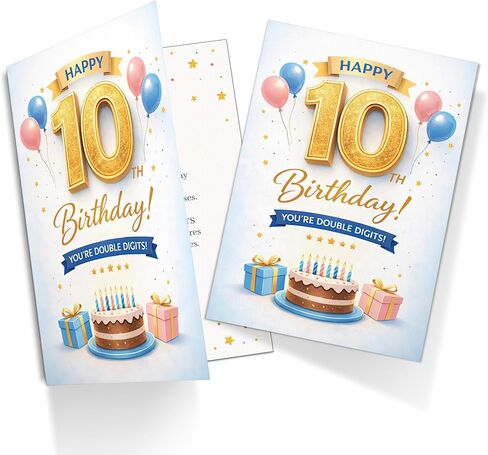 10th Birthday Card for Boys and Girls – Happy 10th Birthday Double Digits Card with Printed Verse – Fun Gold Number Design A5 Greeting Card – Premium UK Made in Saudi Arabia