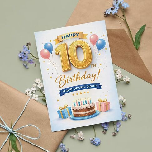 10th Birthday Card for Boys and Girls – Happy 10th Birthday Double Digits Card with Printed Verse – Fun Gold Number Design A5 Greeting Card – Premium UK Made in Saudi Arabia