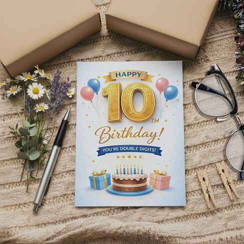 10th Birthday Card for Boys and Girls – Happy 10th Birthday Double Digits Card with Printed Verse – Fun Gold Number Design A5 Greeting Card – Premium UK Made in Saudi Arabia