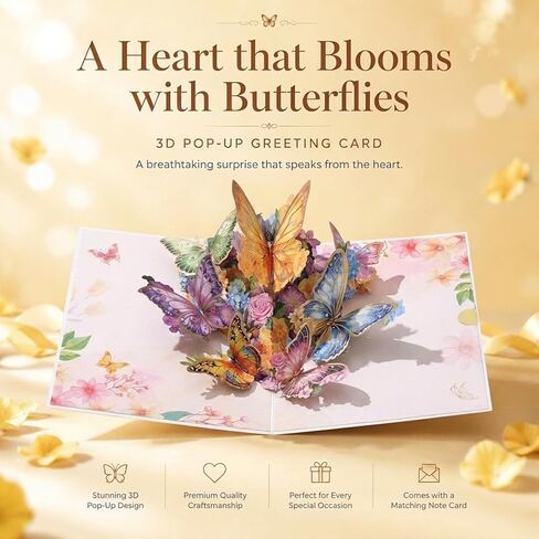 Butterfly Garden 3D Pop-Up Greeting Card–Elegant Floral Pop-Up Card for Birthday,Mother’s Day,Valentines Day,Anniversary, Yellow in Kuwait