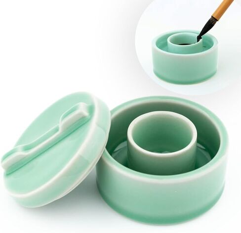 Chinese Calligraphy inkstone with Lid, Ceramic Sumi Inkwell, ink stone Prevents Drying, Ink Dish for Sumi, 10ml Capacity, 2.9 Inch for Small & Medium Brush Writing, Green color in Saudi Arabia