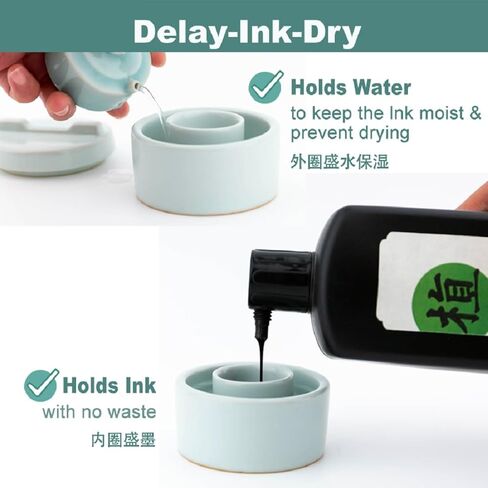 Chinese Calligraphy inkstone with Lid, Ceramic Sumi Inkwell, ink stone Prevents Drying, Ink Dish for Sumi, 10ml Capacity, 2.9 Inch for Small & Medium Brush Writing, Green color in Saudi Arabia