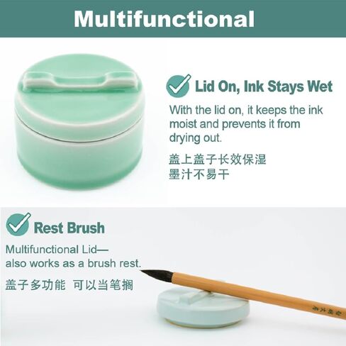 Chinese Calligraphy inkstone with Lid, Ceramic Sumi Inkwell, ink stone Prevents Drying, Ink Dish for Sumi, 10ml Capacity, 2.9 Inch for Small & Medium Brush Writing, Green color in Saudi Arabia