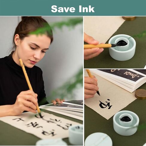 Chinese Calligraphy inkstone with Lid, Ceramic Sumi Inkwell, ink stone Prevents Drying, Ink Dish for Sumi, 10ml Capacity, 2.9 Inch for Small & Medium Brush Writing, Green color in Saudi Arabia
