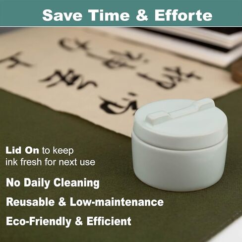 Chinese Calligraphy inkstone with Lid, Ceramic Sumi Inkwell, ink stone Prevents Drying, Ink Dish for Sumi, 10ml Capacity, 2.9 Inch for Small & Medium Brush Writing, Green color in Saudi Arabia