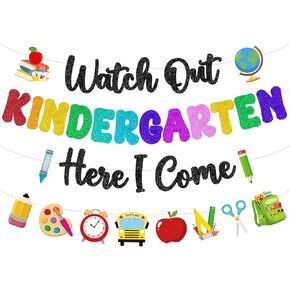 Watch Out Kindergarten Here I Come Banner Glitter Happy First Day of School Sign Back to School Supplies 1st Day of Kindergarten Garland Decorations Welcome to Preschool Classroom Decor Party Backdrop in Saudi Arabia