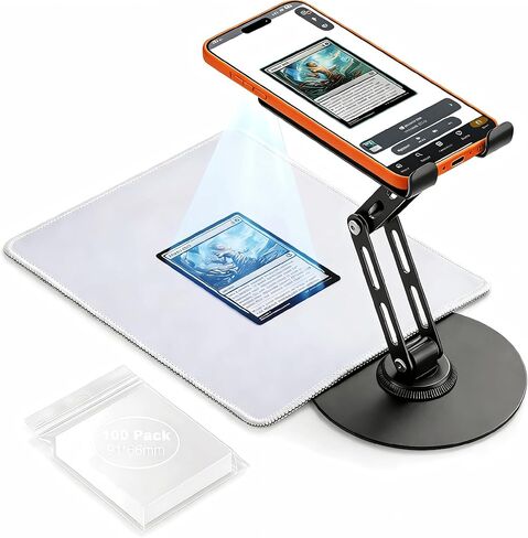 Card Scanner TCG, Foldable Trading Card Scanner Setup & Trading Card Stand - Carbon Steel Phone Mount for Quick Price Check, Includes Pad & 100PC Sleeves, Compatible with MTG in Saudi Arabia