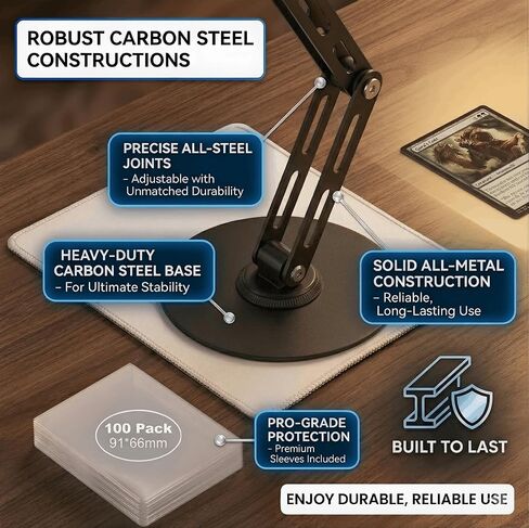 Card Scanner TCG, Foldable Trading Card Scanner Setup & Trading Card Stand - Carbon Steel Phone Mount for Quick Price Check, Includes Pad & 100PC Sleeves, Compatible with MTG in Saudi Arabia