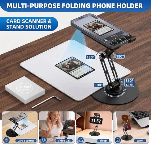 Card Scanner TCG, Foldable Trading Card Scanner Setup & Trading Card Stand - Carbon Steel Phone Mount for Quick Price Check, Includes Pad & 100PC Sleeves, Compatible with MTG in Saudi Arabia