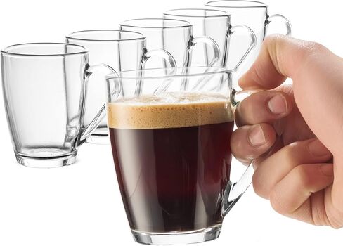 Bormioli Rocco Glass Coffee Mug Set, (6 Pack) 10¾ Ounce with Convenient Handle, Tea Glasses for Hot/Cold Beverages, Thermal Shock Resistant, Tempered Glass, for Cappuccino, Latte, Espresso, clear. in Saudi Arabia