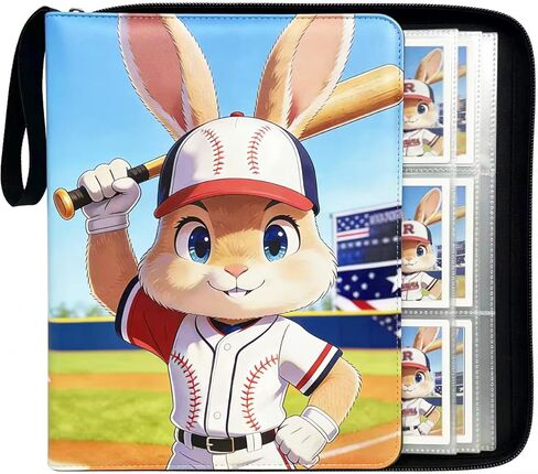 9-Pocket Trading Card Binder 900 Pockets, Cute Bunny Cartoon PU Leather Card Album with 50 Removable Sleeves for Sports/Baseball Cards/Collectible Trading Cards (Baseball Rabbit, 9-Pocket) in Saudi Arabia