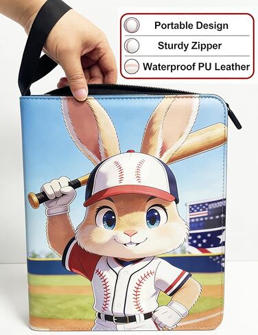 9-Pocket Trading Card Binder 900 Pockets, Cute Bunny Cartoon PU Leather Card Album with 50 Removable Sleeves for Sports/Baseball Cards/Collectible Trading Cards (Baseball Rabbit, 9-Pocket) in Saudi Arabia