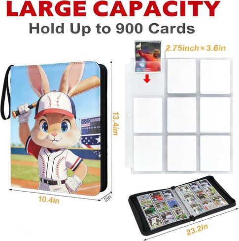 9-Pocket Trading Card Binder 900 Pockets, Cute Bunny Cartoon PU Leather Card Album with 50 Removable Sleeves for Sports/Baseball Cards/Collectible Trading Cards (Baseball Rabbit, 9-Pocket) in Saudi Arabia
