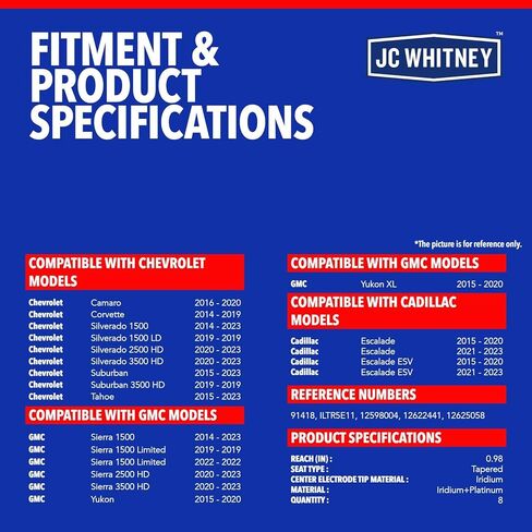JC Whitney JFBAJCWSP00055 8pcs Iridium Spark Plugs - Compatible with Chevrolet Silverado 1500, Silverado 2500 3500 HD, Tahoe, Suburban, GMC Sierra 1500, Yukon - 5.3L 6.0L 6.2L 6.6L Cyl.8 in Saudi Arabia