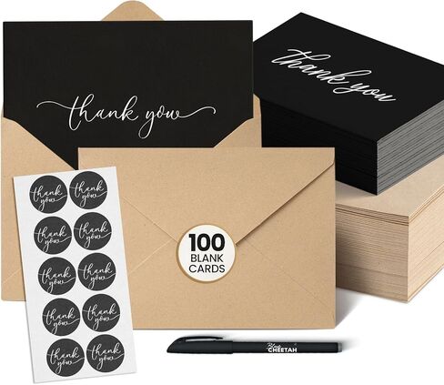 50 Thank You Cards with Envelopes 50 Pack - 4x6 Thank You Cards with Envelopes - Includes 50 Stickers, Pen & Elegant Storage Box - Boxed Assorted Greeting Cards (Black) in Kuwait