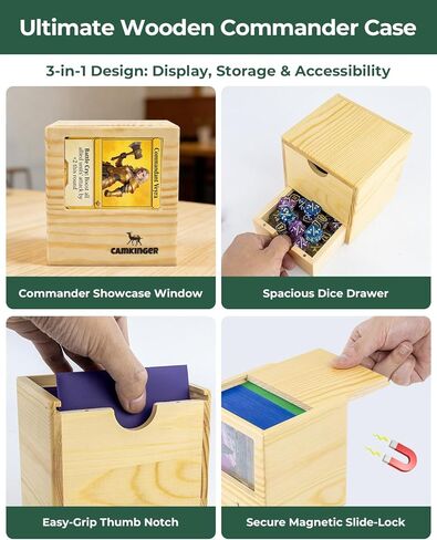 Wooden MTG Commander Deck Box - 100 Double-Sleeved Card Storage with Dice Tray, Portable Magic The Gathering Deck Box with Commander Display Window, TCG Card Holder for Gamers in Saudi Arabia