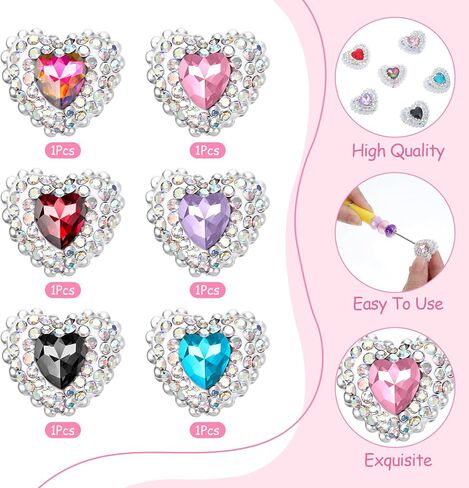6PCS Rhinestone Heart Focal Beads for Pens, Colored Gemstones Fancy Beads for Pens,Chunky Glitter Bling Beadable Pen Bead for Beaded Pen Making Bracelet Keychain DIY Crafts in Saudi Arabia