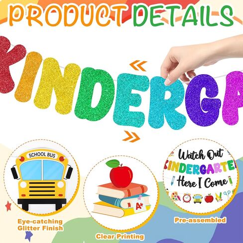 Watch Out Kindergarten Here I Come Banner Glitter Happy First Day of School Sign Back to School Supplies 1st Day of Kindergarten Garland Decorations Welcome to Preschool Classroom Decor Party Backdrop in Saudi Arabia