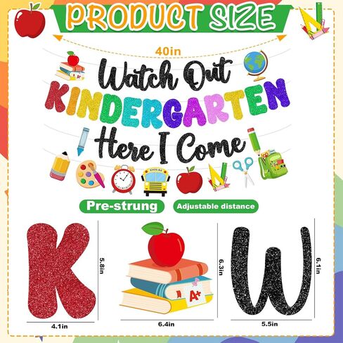 Watch Out Kindergarten Here I Come Banner Glitter Happy First Day of School Sign Back to School Supplies 1st Day of Kindergarten Garland Decorations Welcome to Preschool Classroom Decor Party Backdrop in Saudi Arabia