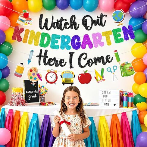 Watch Out Kindergarten Here I Come Banner Glitter Happy First Day of School Sign Back to School Supplies 1st Day of Kindergarten Garland Decorations Welcome to Preschool Classroom Decor Party Backdrop in Saudi Arabia