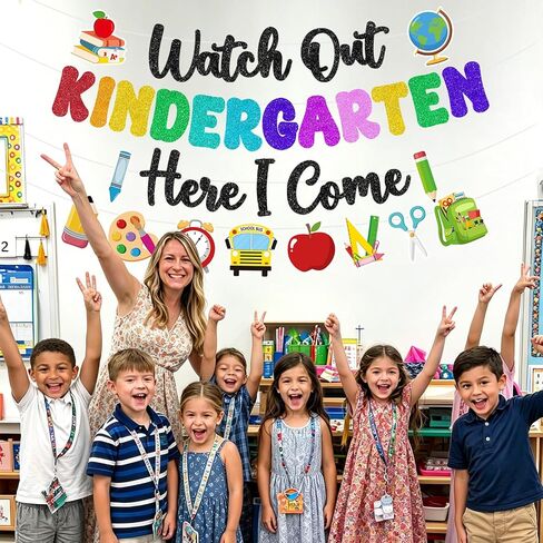 Watch Out Kindergarten Here I Come Banner Glitter Happy First Day of School Sign Back to School Supplies 1st Day of Kindergarten Garland Decorations Welcome to Preschool Classroom Decor Party Backdrop in Saudi Arabia