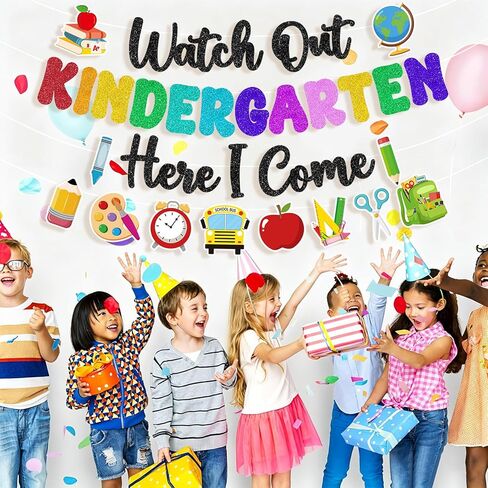 Watch Out Kindergarten Here I Come Banner Glitter Happy First Day of School Sign Back to School Supplies 1st Day of Kindergarten Garland Decorations Welcome to Preschool Classroom Decor Party Backdrop in Saudi Arabia