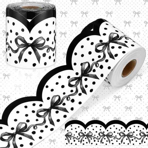 65 ft Coquette Bow Bulletin Board Borders Black and White Classroom Decor Polka Dots Borders for Bulletin Board Scalloped Rolled Trim Bow DIY Decoration for Classroom Home School in Kuwait