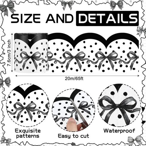 65 ft Coquette Bow Bulletin Board Borders Black and White Classroom Decor Polka Dots Borders for Bulletin Board Scalloped Rolled Trim Bow DIY Decoration for Classroom Home School in Kuwait